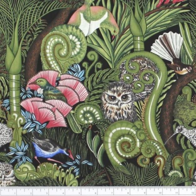 Picture of Fat Qtr NZ Kiwiana Forest Birds - Onyx